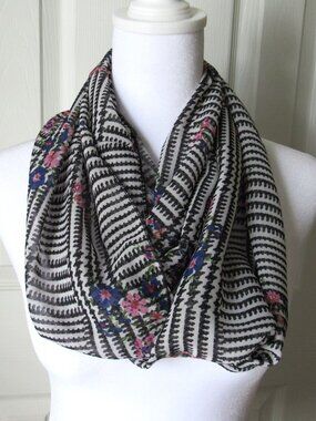 Pink Floral Black & White Wrap Infinity SCARF 100% Polyester Blue Flowers